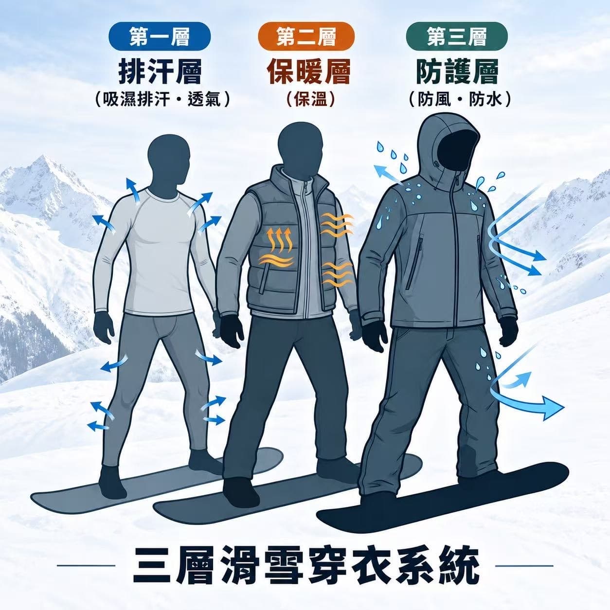 三層滑雪穿衣系統:第一層排汗層,吸濕排汗與透氣;第二層保暖層,保留體溫;第三層防護層,防風與防水。